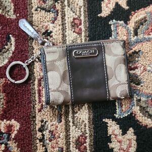 Coach Signature Brown and Cream Keychain Wallet
